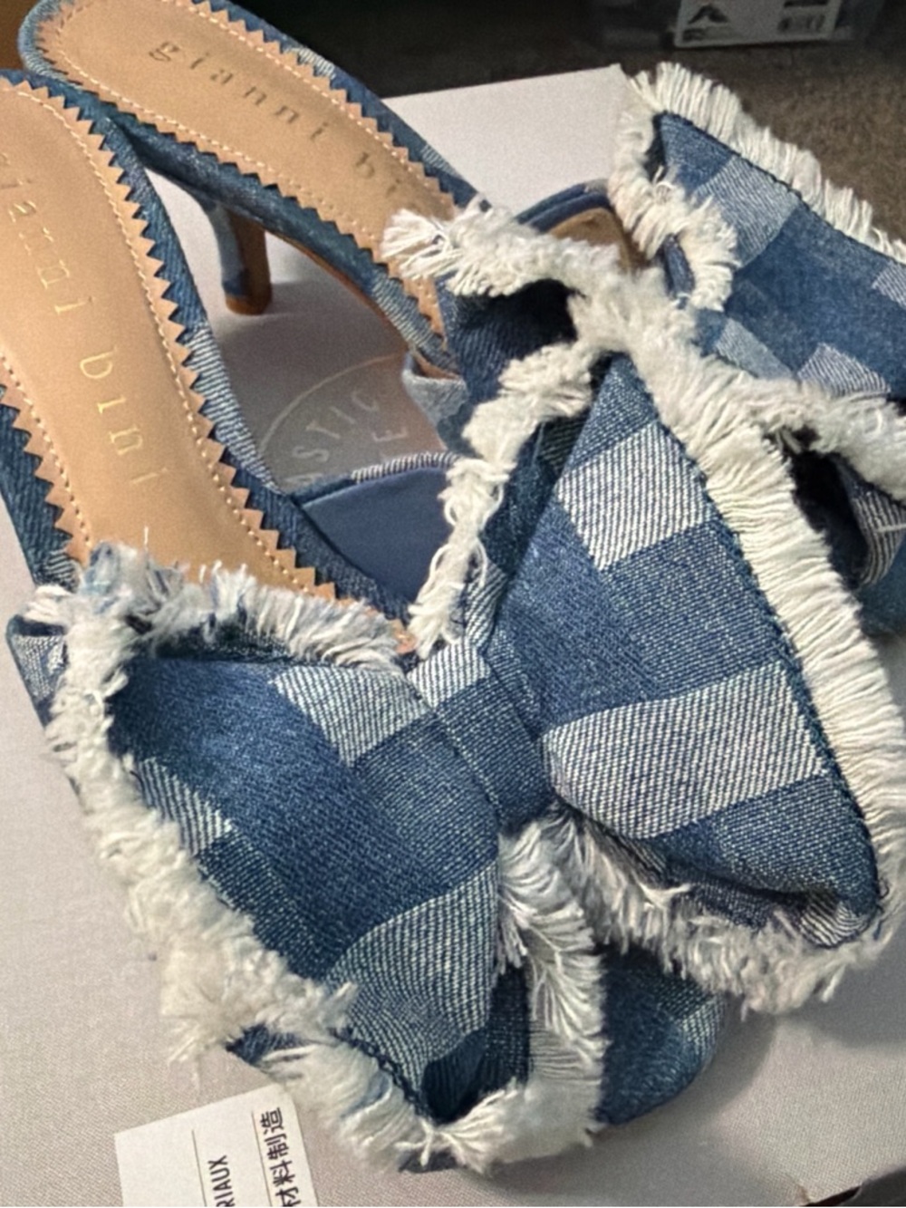 Gianni Bini Blue Frayed Bow Denim Mules
